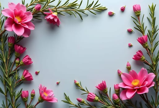 A refined gray background beautifully encircled by a lush floral border of soft pink blossoms and fresh green foliage. The harmonious blend of muted gray, romantic pink, and natural green creates a sophisticated yet organic aesthetic ideal for wedding stationery, botanical branding, or upscale interior decor. The composition balances modern minimalism with natural elegance