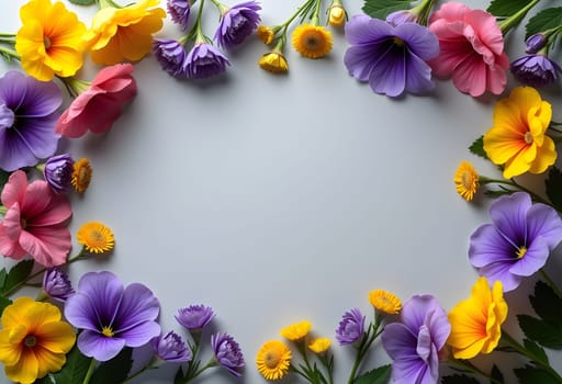 A sophisticated gray background delicately embellished with charming purple buttercups and cheerful yellow forget-me-nots. The harmonious contrast between the neutral backdrop and vibrant blooms creates a poetic, nature-inspired design perfect for spring stationery, botanical branding, or romantic wall decor