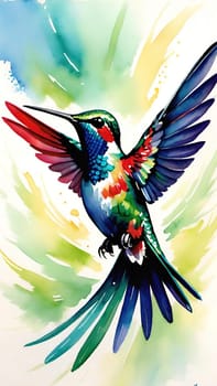 Beautiful hummingbird flying with vivid colors, shimmering feathers, and a blurred green backdrop