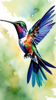 Beautiful hummingbird flying with vivid colors, shimmering feathers, and a blurred green backdrop