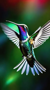 Beautiful hummingbird flying with vivid colors, shimmering feathers, and a blurred green backdrop