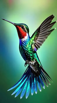 Beautiful hummingbird flying with vivid colors, shimmering feathers, and a blurred green backdrop