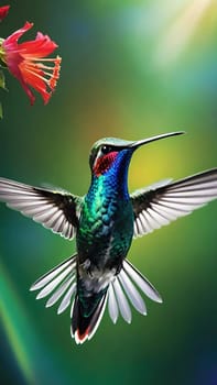 Beautiful hummingbird flying with vivid colors, shimmering feathers, and a blurred green backdrop