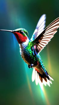 Beautiful hummingbird flying with vivid colors, shimmering feathers, and a blurred green backdrop