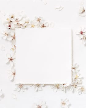 Blank paper card near white cherry flowers top view, copy space, mockup. Pastel square card for spring romantic wedding stationery or party design, Close to nature mood