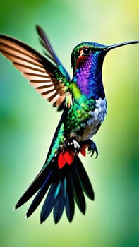 Beautiful hummingbird flying with vivid colors, shimmering feathers, and a blurred green backdrop