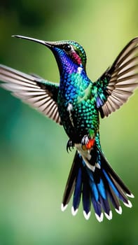 Beautiful hummingbird flying with vivid colors, shimmering feathers, and a blurred green backdrop
