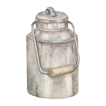 Metal milk can with wooden handle in gray and brown tones, watercolor clipart. Metal churn illustration. Ideal for packaging design, rustic-themed branding, farm signage, or kitchen textile patterns