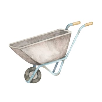 Gray metal wheelbarrow with light blue handles and wooden grips, watercolor illustration. Push cart clipart. Great for gardening flyers, spring-themed designs, seed packet labels, or DIY projects