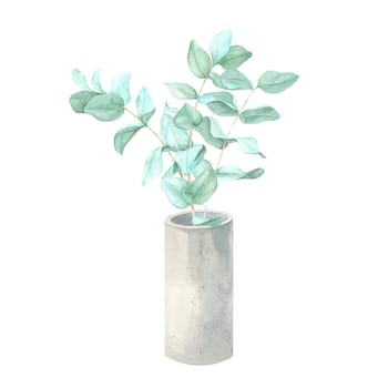 Green eucalyptus leaves in a bouquet, elegantly placed in a gray cement vase, painted in watercolor. This botanical illustration is ideal for greeting cards, wall art, stationery, and product branding
