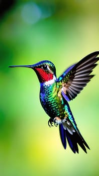 Beautiful hummingbird flying with vivid colors, shimmering feathers, and a blurred green backdrop