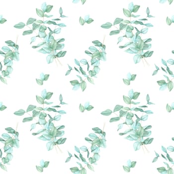 Elegant eucalyptus foliage in varying green shades arranged in a repeating pattern watercolor clipart. Ideal for interior decor elements, fabric patterns, and digital art projects