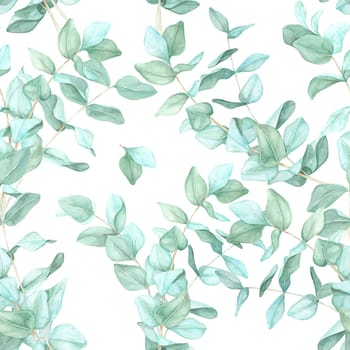 Pale green eucalyptus sprigs painted with soft watercolor strokes. This botanical foliage seamless pattern is well-suited for decorative wrapping paper, digital designs, and home textiles