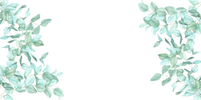 Soft green eucalyptus leaves painted in watercolor create a versatile botanical clipart frame. This banner is perfect for wedding stationery, social media, product labels, and eco-friendly branding