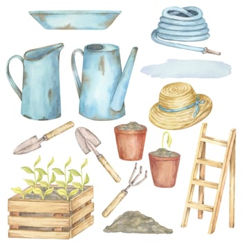 Watering cans in blue, clay pots, seedling tray, straw hat, garden tools, and wooden ladder in watercolor clipart set. Illustration Suitable for gardening labels, eco packaging, or planner stickers