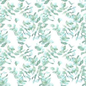 Delicate watercolor eucalyptus sprigs with soft green tones in a flowing, dense organic pattern. Seamless botanical clipart Ideal for textile design, gift wrapping, and botanical-themed event decor