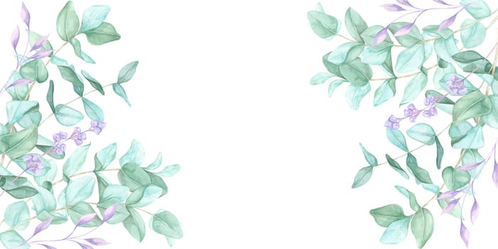 Hand-painted eucalyptus branches with hints of purple form a stylish watercolor clipart frame. Use this banner for social media posts, website decor, invitations, and eco-friendly merchandise