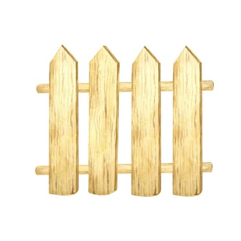 Hand-painted wooden picket fence watercolor illustration in natural wood hues. Suitable for rural landscape compositions, home decor prints, and digital scrapbooking elements