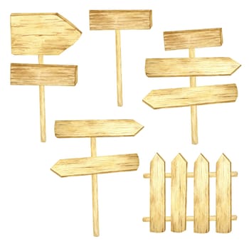 Rustic wooden signposts in warm brown watercolor tones with distinct arrow shapes. Perfect for outdoor-themed event decor, wedding signage, adventure maps, and digital illustrations