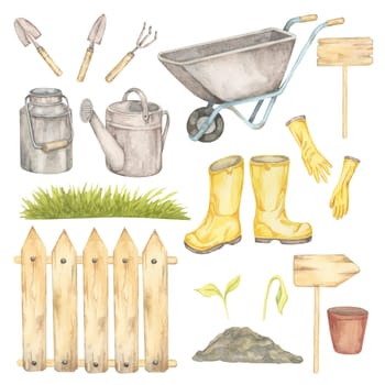 Yellow boots, wheelbarrow, gloves, watering can, picket fence, soil mounds, seedlings, and tools illustrated in watercolor. Clipart Perfect for spring-themed cards, garden signage, or fabric prints