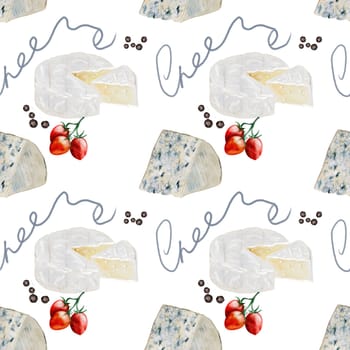 Cheese watercolor pattern. Hand drawn illustration brie, dor blue. Clip art of food on white background. Ideal for packaging of farm organic product or restaurant menu design. High quality illustration