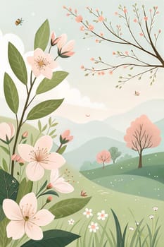 A picturesque spring landscape showcases delicate flowers blooming amidst lush greenery and gentle hills while bees buzz busily among the blossoms. Generative AI.