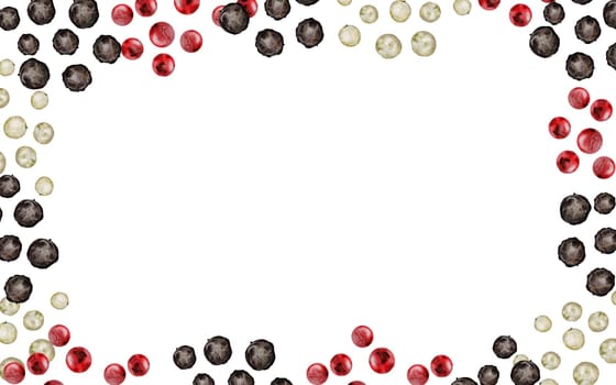 Peppercorns watercolor frame. Hand drawn dried black pepper. Clip art on a white background of hot spices. Ideal for cookbooks, menus and organic product packaging. High quality photo