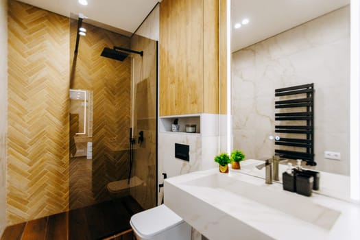 This bathroom features a spacious walkin shower, a convenient sink, a modern toilet, and a stylish mirror adorning the wall