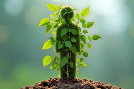A figure shaped like a person, crafted from grass and leaves, rises from the earth surrounded by greenery, symbolizing nature and growth in a tranquil setting. Generative AI.