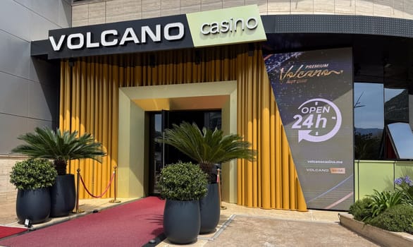 Budva, Montenegro - April 18, 2025: The entrance to the Vulkan Casino showcases its vibrant decor and welcoming atmosphere, inviting guests to enjoy entertainment around the clock