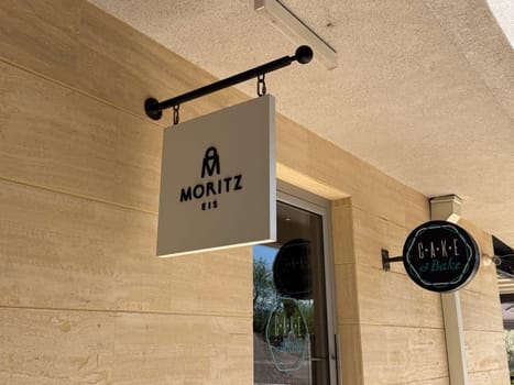 Budva, Montenegro - April 18, 2025:Brand sign Moritz on the side of a building. Moritz Eis is an international gelateria chain founded in 2012 with over 200 natural ice cream and sorbet flavours