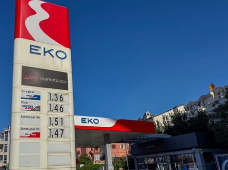 Budva, Montenegro - April 18, 2025: The EKO gas station price display in an urban environment shows the different fuel price options and the marketplace.convenience and accessibility for customers
