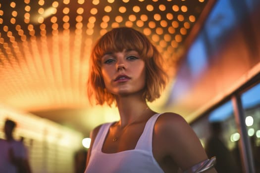 A young woman at a disco in a night club with lights in the background