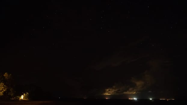 Offshore platforms glowing against a starry night sky create a striking contrast between industrial activity and the serene beauty of nature