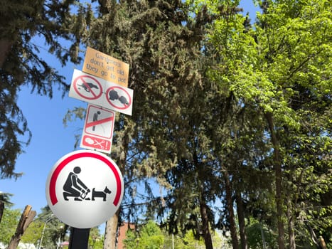 Humorous and prohibitive park signs among green trees and blue sky. Instructions include no urinating, no dogs off leash, and a pun sign, creating a quirky yet informative visual message