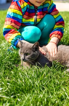 Child hugging a cat on the street. Selective focus. kid.