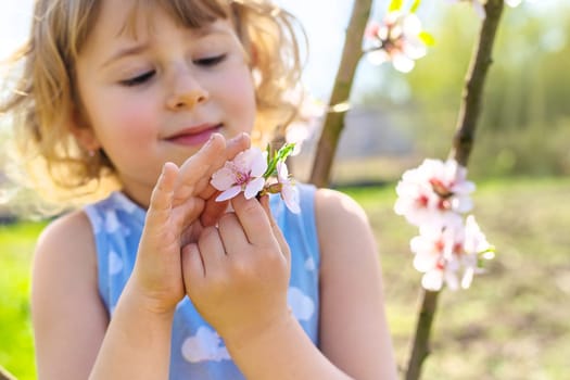 Child in a garden of flowering trees. Selective focus. kid.