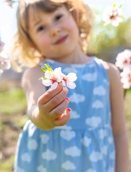 Child in a garden of flowering trees. Selective focus. kid.