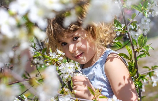 Child in a garden of flowering trees. Selective focus. kid.