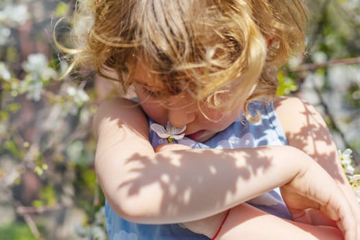 Child in a garden of flowering trees. Selective focus. kid.