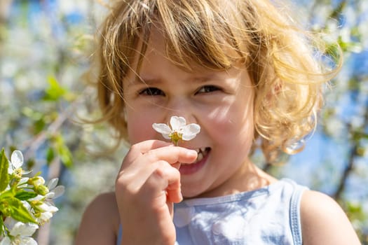 Child in a garden of flowering trees. Selective focus. kid.