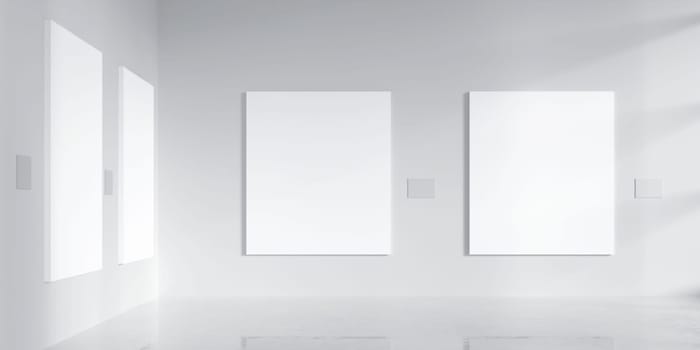 A spacious art gallery featuring minimal frames, focusing on a bright, clean aesthetic for art displays.