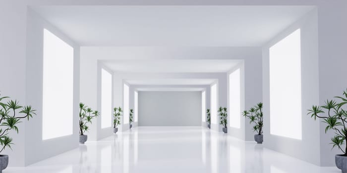 An elegant hallway adorned with greenery and blank spaces, ideal for exhibiting art in a soothing environment.