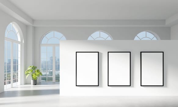 A stylish gallery featuring three frames and large architectural windows allowing natural light for art exhibitions.