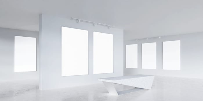 A spacious and minimalist exhibition area featuring empty frames on white walls, ideal for showcasing artwork or photography.