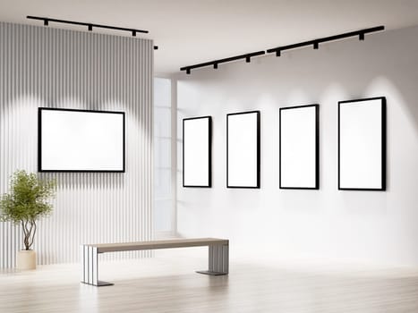 A minimalistic gallery setting showcasing empty framed artworks, ideal for exhibitions and modern decor designs.