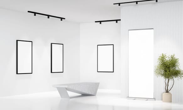 An elegant gallery featuring multiple frames and a unique modern light feature, showcasing contemporary aesthetics.