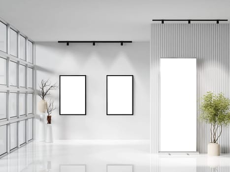 Stylish gallery space featuring framed blanks alongside a vertical light panel, perfect for modern art showcases.