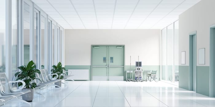 A peaceful hospital hallway designed for comfort with ample sunlight, ideal for enhancing patient experience in healthcare design.