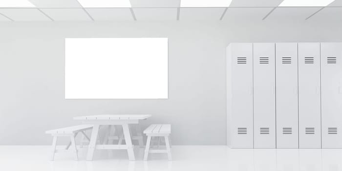 A minimalist healthcare space featuring a table, seating, and lockers, perfect for clean and functional design concepts.